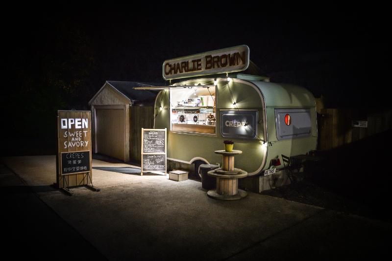 Charlie Brown food truck at night