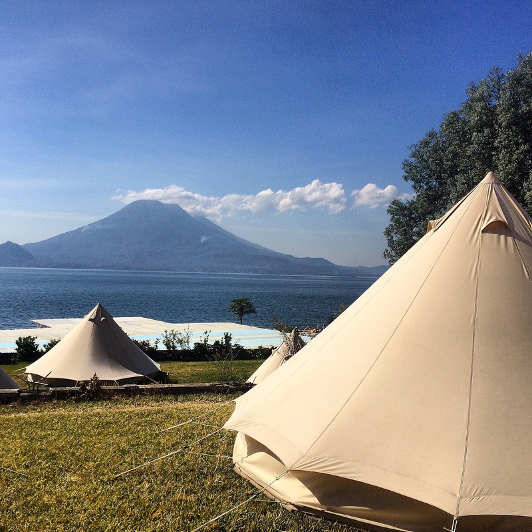 Glamping tents on the shores of Lake Atitlan in Guatemala.