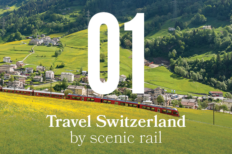 swiss alps with red train carriage 