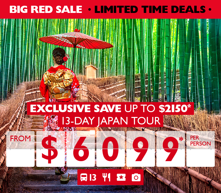 Exclusive save up to $2,150* | 13-day Japan tour from $6,099* per person. Woman in kimono walking through a bamboo forest