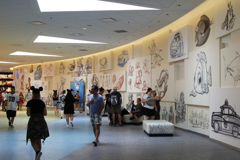A wall of Disney sketches at Art of Animation