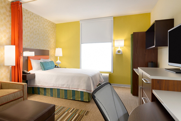 The cheery rooms at the Home2 Suites by Hilton West Edmonton, Canada.