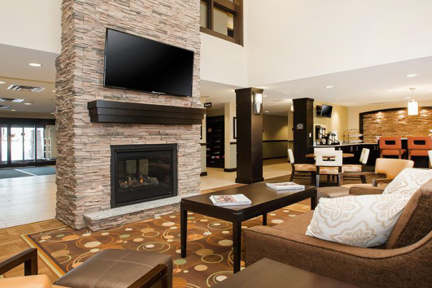 The lobby of the Staybridge Suites West Edmonton, Canada.