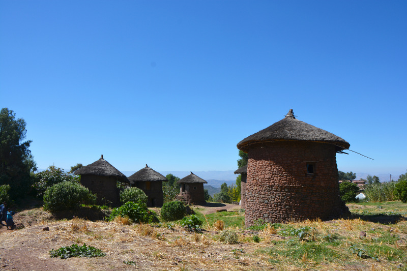 Tukels - the traditional Ethiopian round house - dot a hillside.