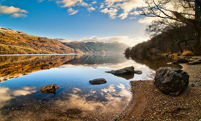 glassy loch lomond scottish highlands