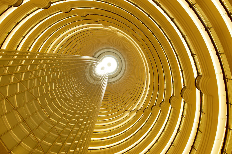 Looking upwards into the 33-storey atrium of the Grand Hyatt, Shanghai, China