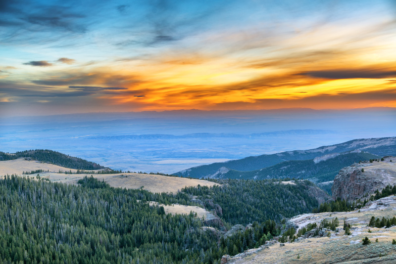 View from the Bighorn Mountains in Wyoming at sunset