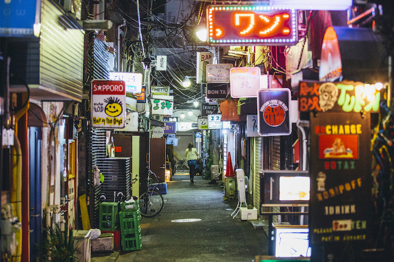 The winding alleyways of Shinjuku's Golden Gai district, also included in the Urban Adventures Tokyo After 5 tour.