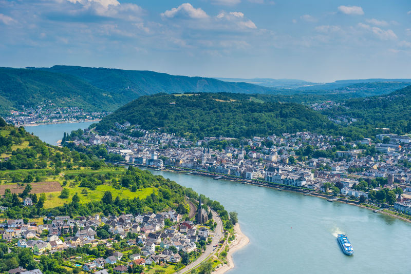 apt cruise ship on rhine river view from above town