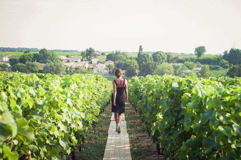 woman in dress and heels walking between vines in vineyard