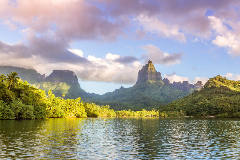 Mt Rotui and Opunohu Bay at sunset, Moorea, French Polynesia