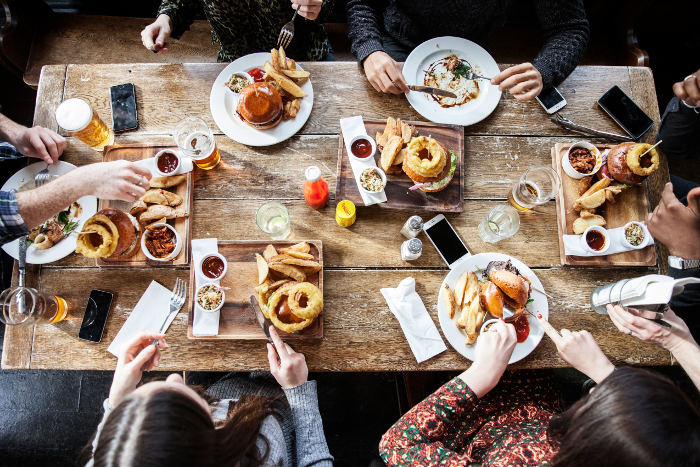 aerial view of table with burgers