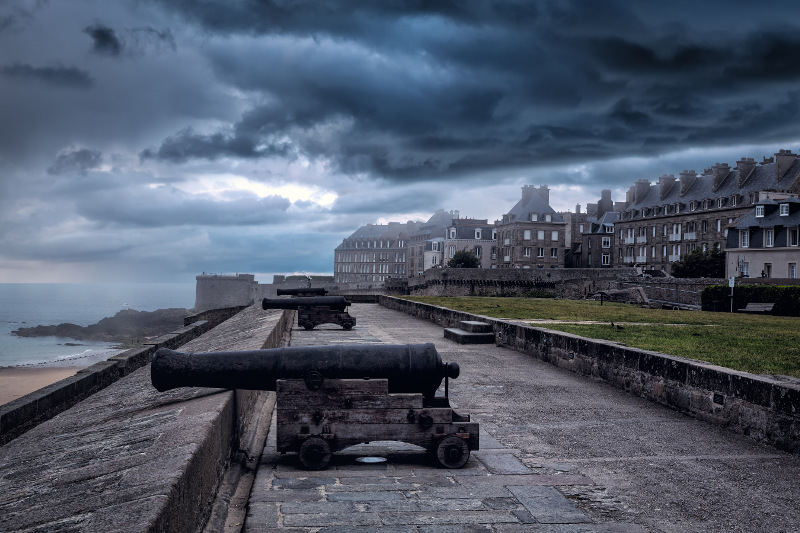 The cannons and city ramparts of Saint-Malo, France.