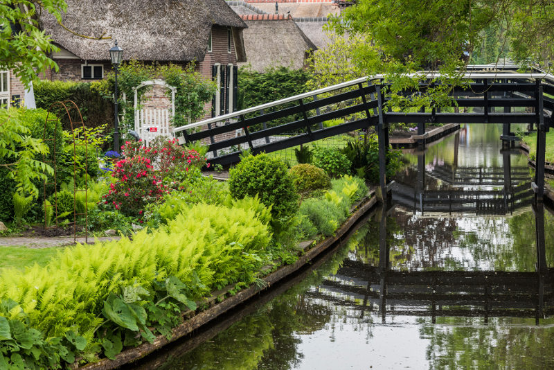 Wooden bridge over canal in Giethoorn, the Netherlands. Image: Getty