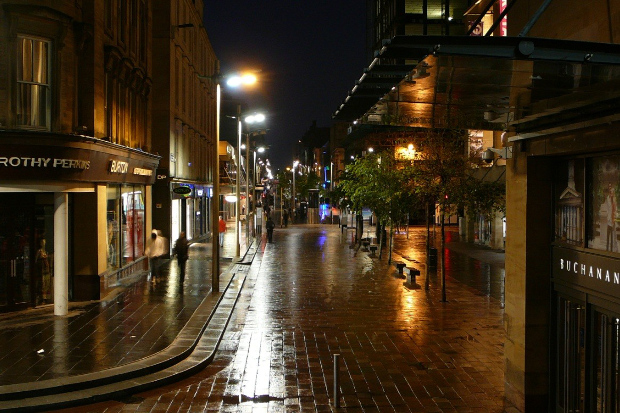West end shopping street at night