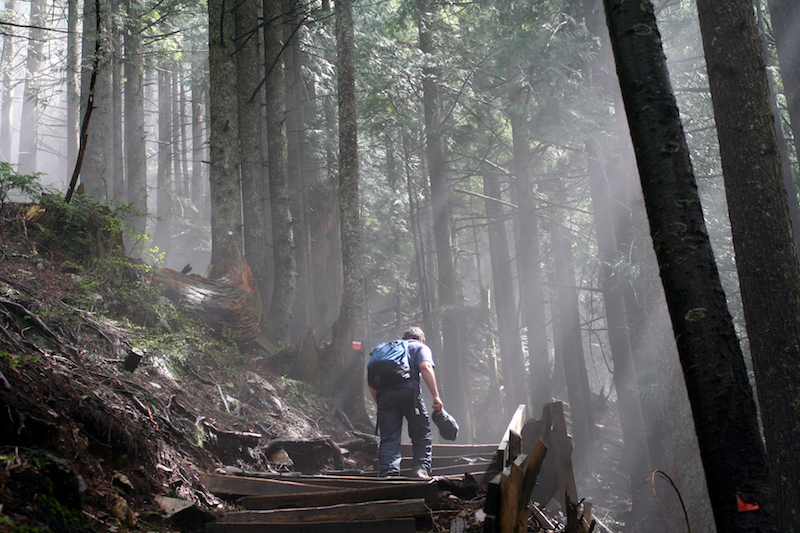 A man walking up the Grouse Grind hike