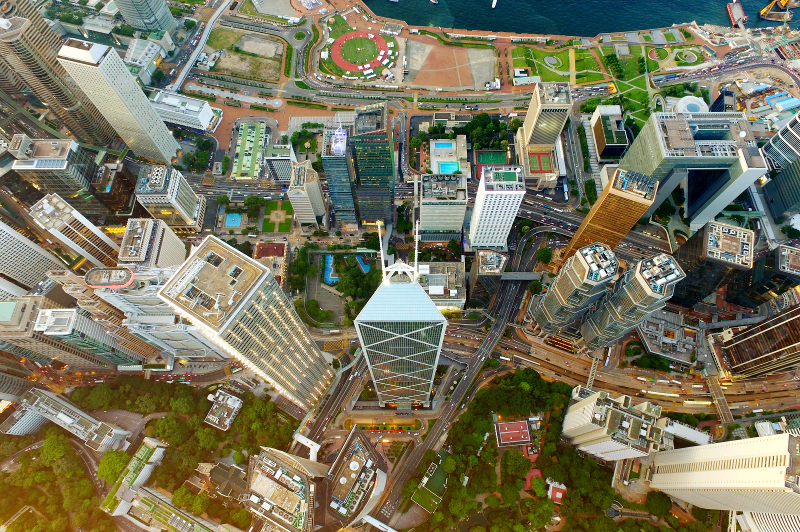 An aerial view of bustling Central in downtown Hong Kong.