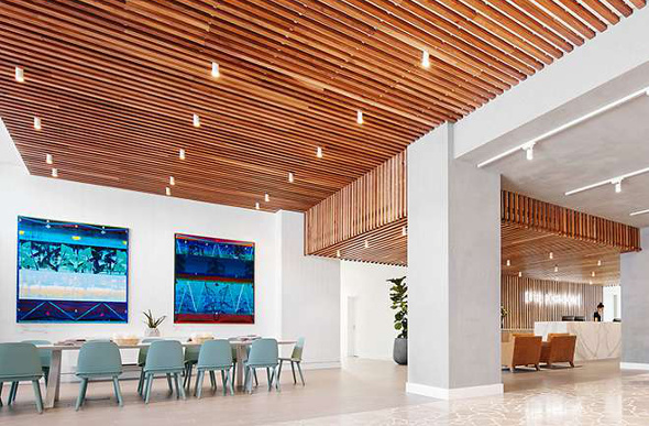 The lobby of The Johnson hotel in Brisbane, feature Michael Johnson's artworks.