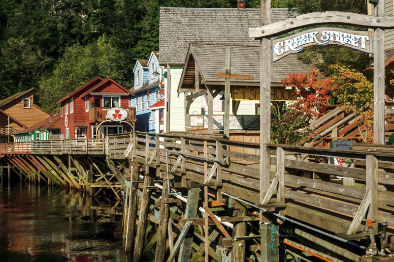 Shops along a wooden boardwalk at Creek Street in Ketchikan, Alaska.