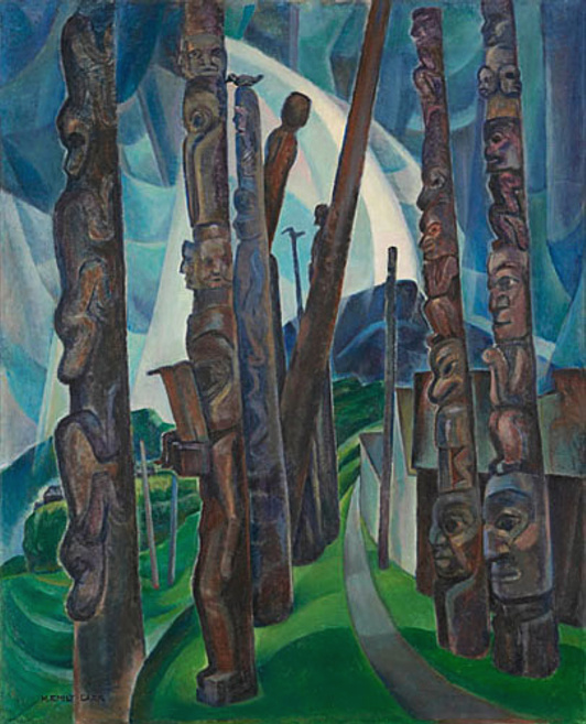 Emily Carr's painting of the totem poles at Kitwancool.
