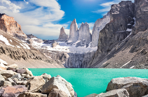 A clear blue lake in Torres del Paine, Argentina.