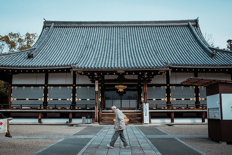 Man walks in front of Ninna-Ji Temple, Kyoto.