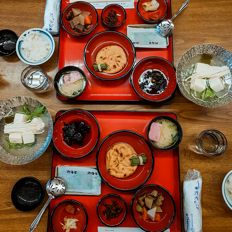 A delicious Japanese breakfast array served on a temple stay at Ninna-Ji Temple
