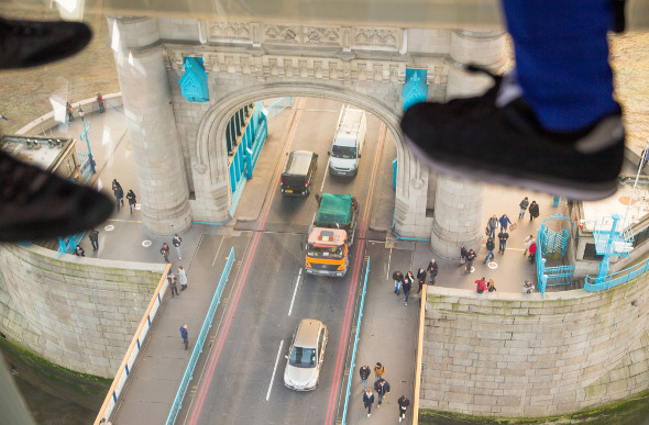 A view through the glass floor at London's Tower Bridge.