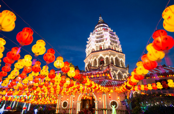 Kek Lok Si Temple lights up George Town. Picture: Getty Images