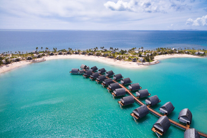 Aerial shot of Marriott Momi Bay with a focus on the villas