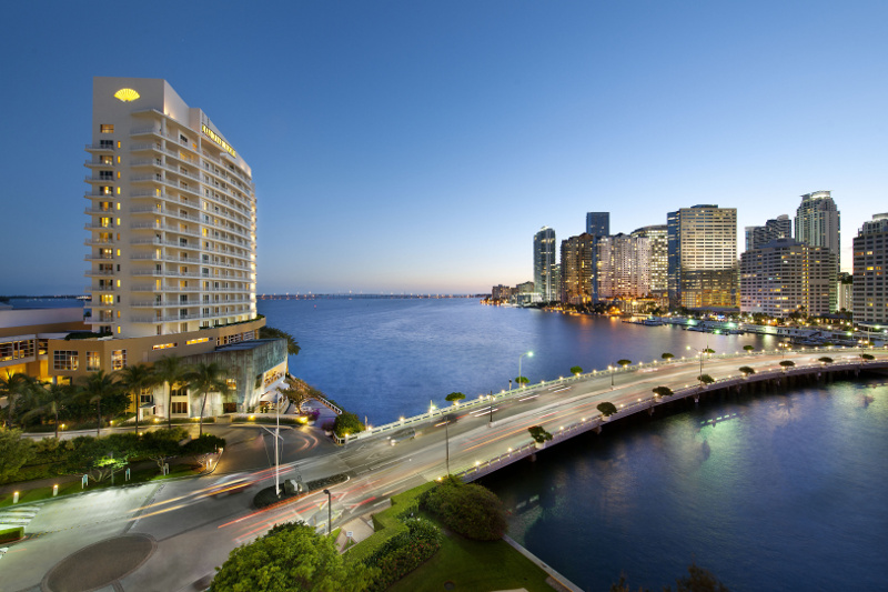 The exterior of the Mandarin Oriental Miami hotel, located at Brickell Key.