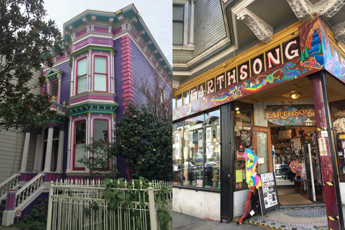 A colourful San Francisco home in the Mission District and a store on Haight St in the Haight-Ashbury district.