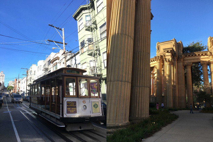 The Powell line tram and The Palace of Fine Arts in the Marina District.