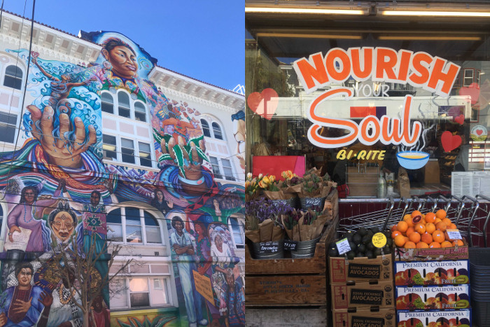 There's plenty of colour in the Mission District, especially with this beautiful mural on the facade of The Women's Building which hosts a non-profit arts and education community center, also seen is the local Bi-Rite fresh food grocery.