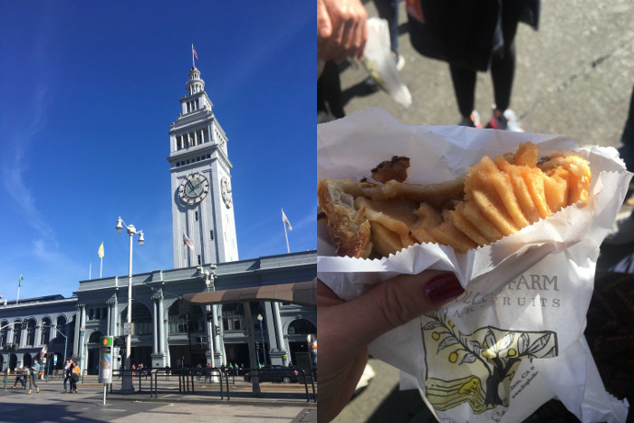 The clock tower of the Ferry Building and a delicious apple pastry from the Frog Hollow Farm Cafe located inside.