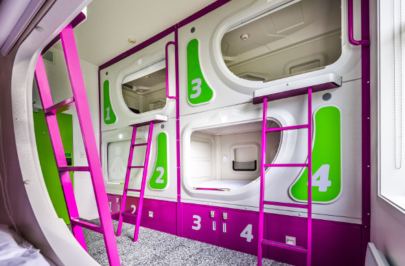 Pod style accommodation at Jucy Snooze, Christchurch, New Zealand.