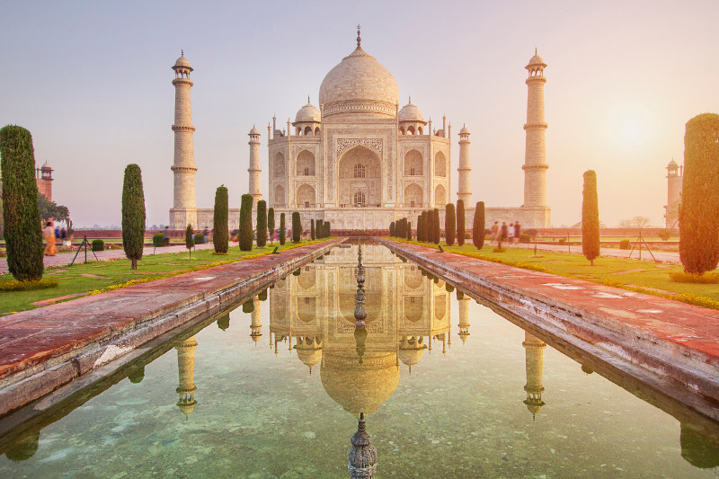 view of the Taj Mahal, India, at dawn