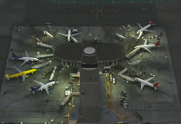Aerial view of planes at LAX terminal