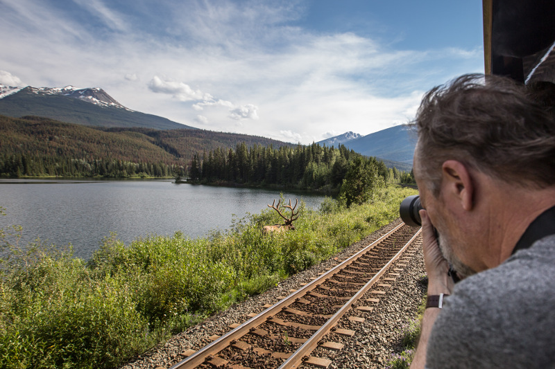 A man taking a photo off the Rocky Mountaineer train