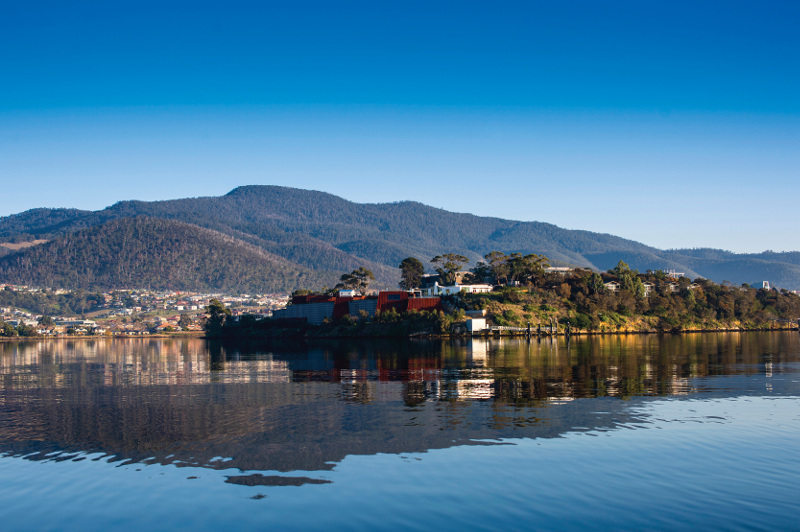 A view across the water of the Museum of Old and New Art (MONA) in Hobart, Tasmania.