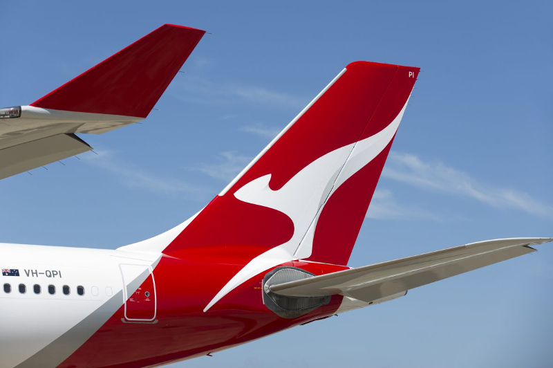A close-up of the Qantas 'Flying Kangaroo' tail livery.