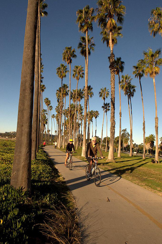 Cyclists on the Cabrillo Bike Path in Santa Barbara, California.