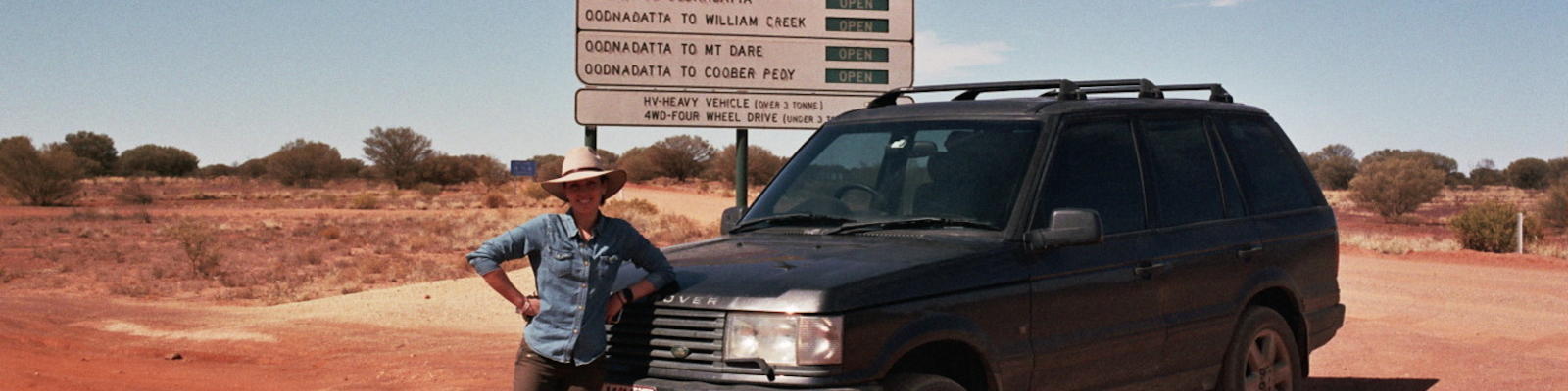 Writer Sam Aldenton at the start of the Oodnadatta Track just outside of Marla on her outback road trip.