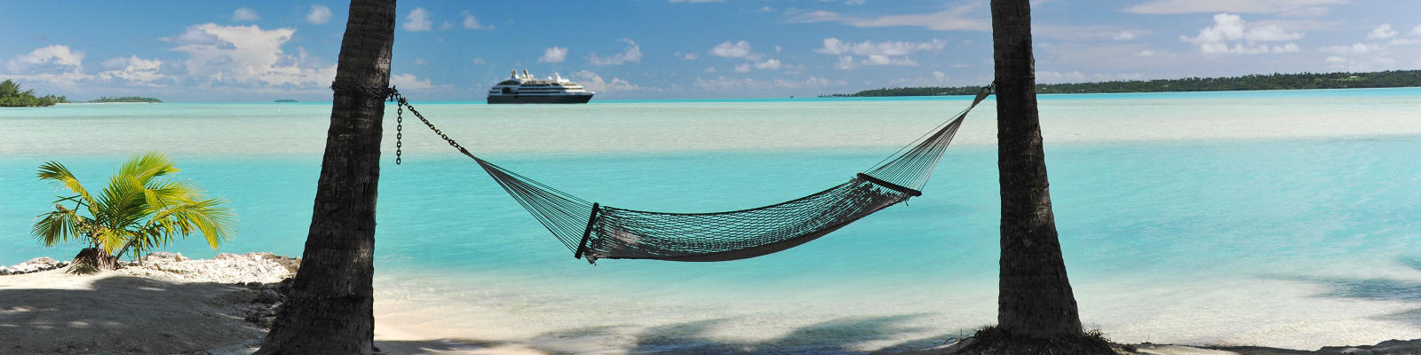 tropical island hammock with cruise ship behind