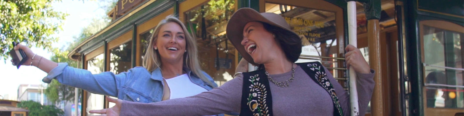 Two women on a streetcar in San Francisco.