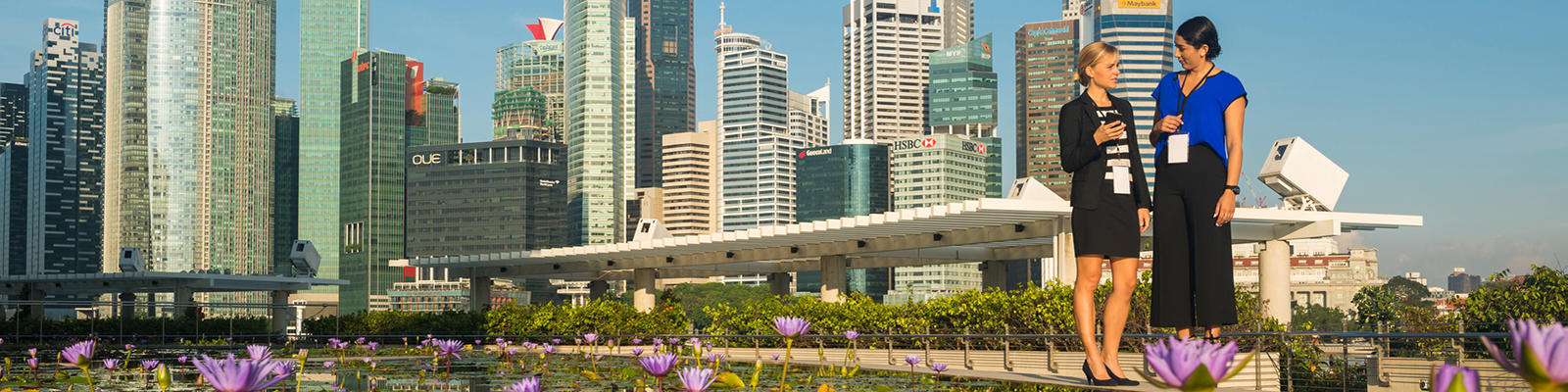 Business people outside against Singapore skyline.