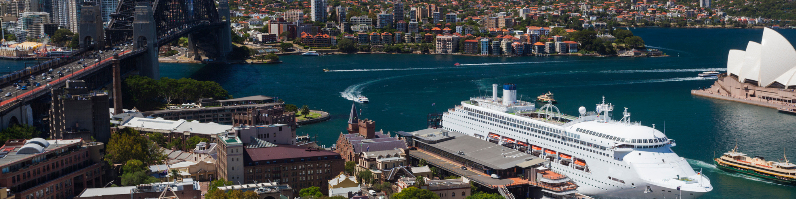 Australia, New South Wales, NSW, Sydney, Sydney Harbour Bridge, The Rocks area, Sydney Opera House, elevated view, daytime