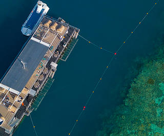 Aerial shot of Reefworld Pontoon on Great Barrier Reef