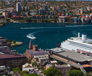Australia, New South Wales, NSW, Sydney, Sydney Harbour Bridge, The Rocks area, Sydney Opera House, elevated view, daytime