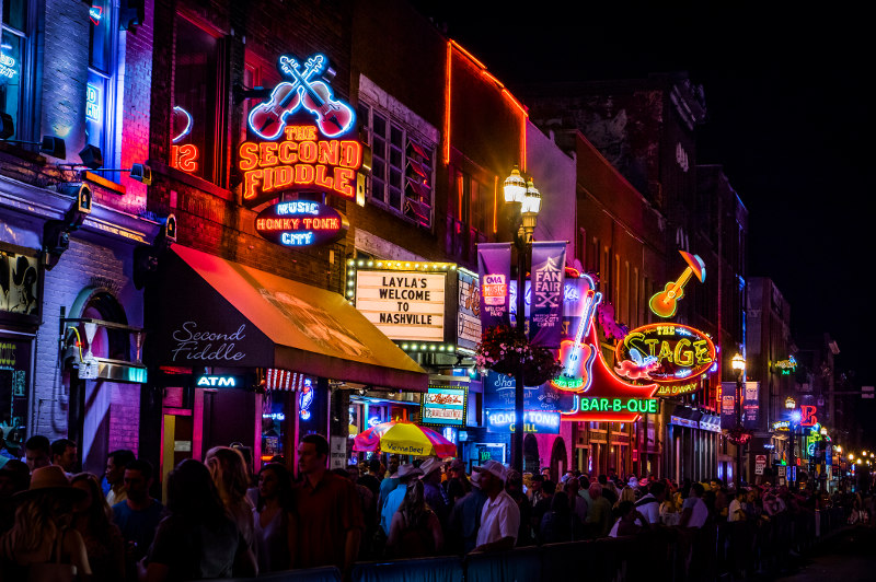 Neon signs call to late-night revellers in Nashville, Tennessee.
